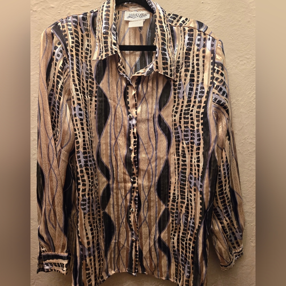 Y2K Sheer Abstract Animal Print Button Up Blouse Yves St Clair L